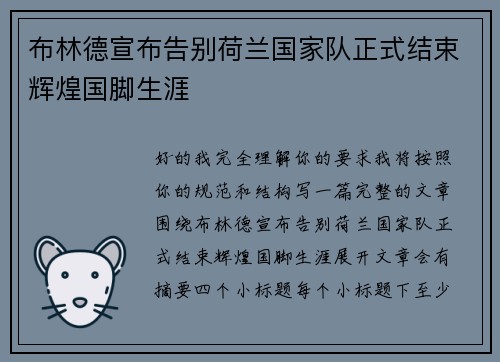 布林德宣布告别荷兰国家队正式结束辉煌国脚生涯 布林德宣布告别荷兰国家队正式结束辉煌国脚生涯